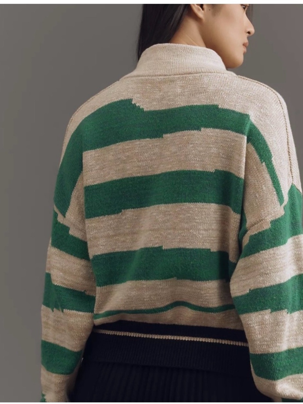 Pilcro Green and Cream Striped Scoop Collar Sweater with Black Trim - Picture 2 of 8